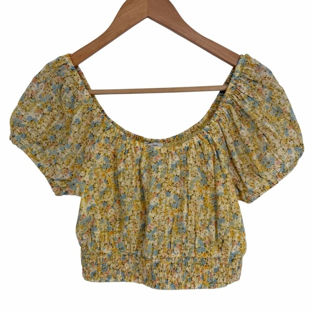 American Eagle Floral Smocked Crop Top Yellow Puff Sleeve Womens - XS